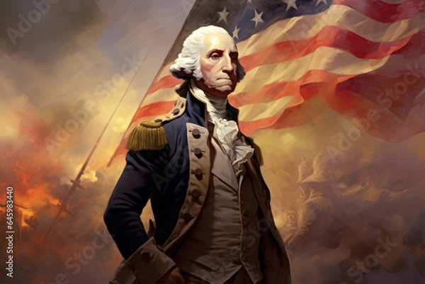 Fototapeta George Washington Illustration with American Flag - Founding Father, Revolution, USA - Generative AI