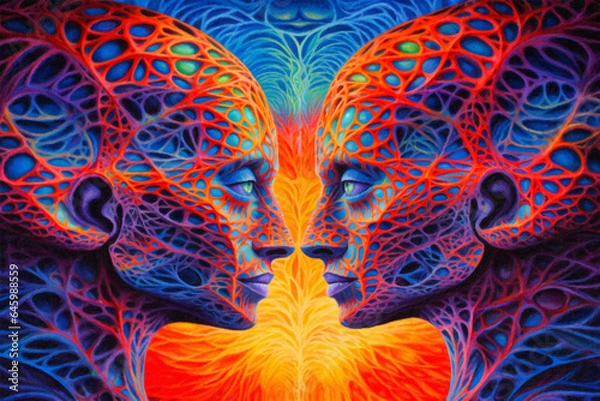 Obraz Psychedelic trip. DMT effect. A beautiful bright picture . A painting created with oil paints on canvas .A bright poster.Generative AI.