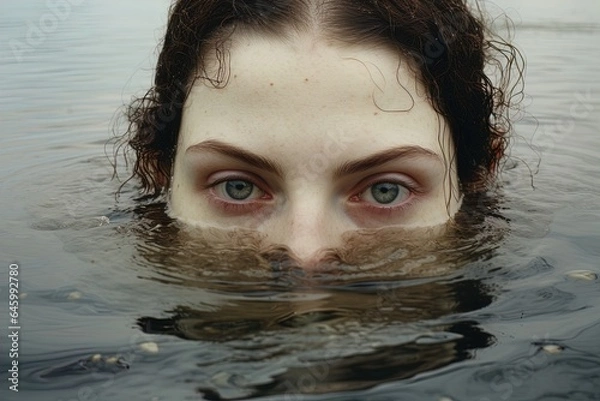 Obraz A mysterious woman with only her eyes above the water. Great for stories about mermaids, horror, crime, witches, eerie, evil and more.