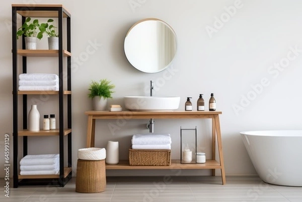 Fototapeta Modern bathroom with sink on vanity Stool and mirror with shelves