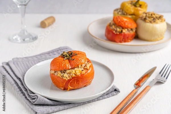 Fototapeta Homemade healthy tomato stuffed with rice and baked until soft served on plate on towel on white wooden table with tableware and glass of wine as part of gemista greek cuisine made of vegetables