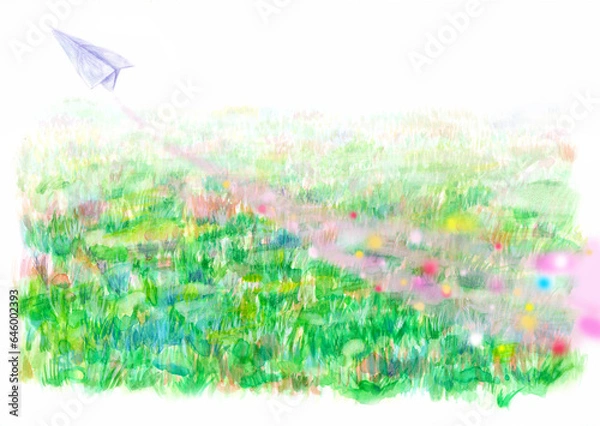 Obraz 野原を飛ぶ紙飛行機