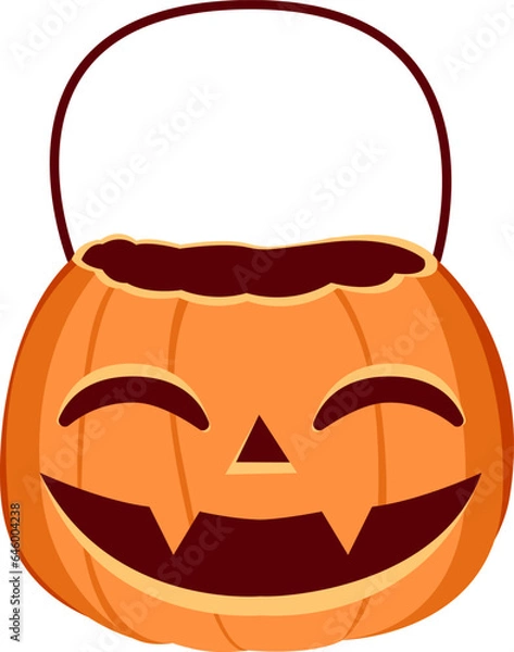 Obraz Smiling Pumpkin Bucket - Halloween Candy Holder  Isolated : An empty pumpkin-shaped bucket designed for holding candy during Trick or Treat on Halloween. The pumpkin features a carved smiling face.