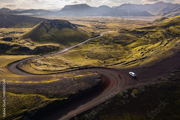 Obraz Scenic aerial view of a mountain road F347 to Landmannalaugar called Rainbow Mountains in Iceland. Totally offroad