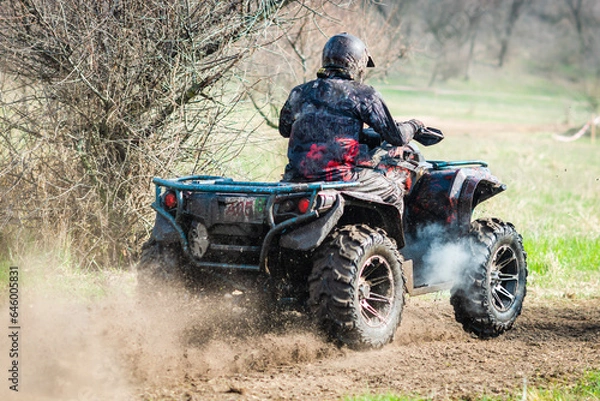 Fototapeta ATV, buggy, quad and UTV offroad vehicle rally in dust with mud splash. Extreme, adrenalin. 4x4