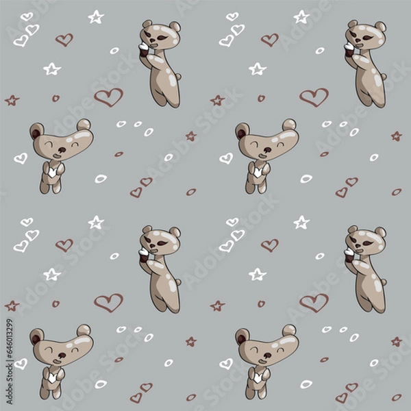 Obraz Seamless vector pattern with teddy bears and hearts on grey background