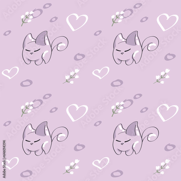 Fototapeta Seamless pattern with cute cats and hearts. Vector illustration.