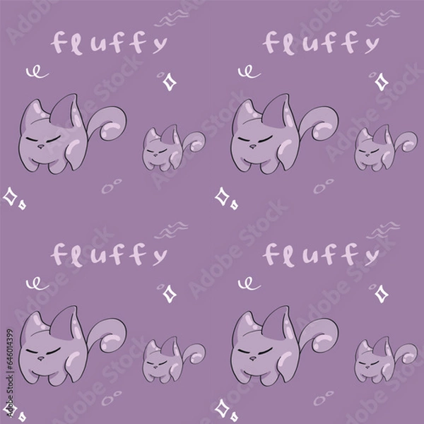 Obraz Seamless pattern with cute cats on purple background. Vector illustration.