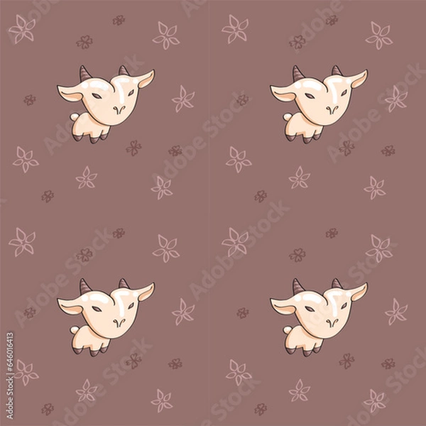 Fototapeta Seamless pattern with cute cartoon goat on brown background. Vector illustration.