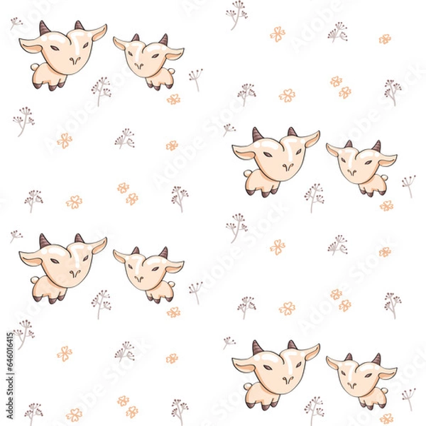 Fototapeta Seamless pattern with cute cartoon lambs on white background. Vector illustration.