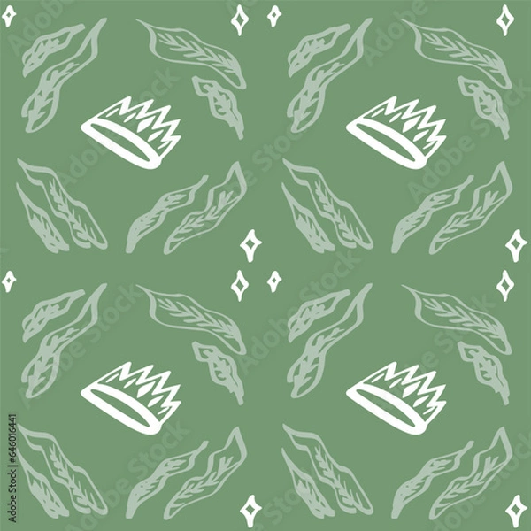 Obraz Seamless pattern with green leaves and crown. Vector illustration.
