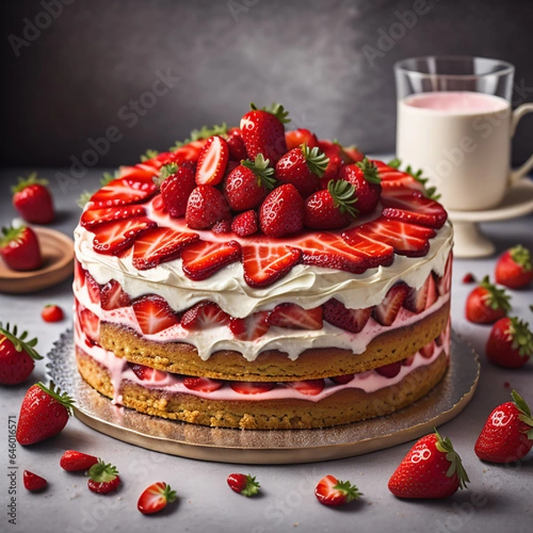Obraz Strawberry cake with decoration generated.Ai