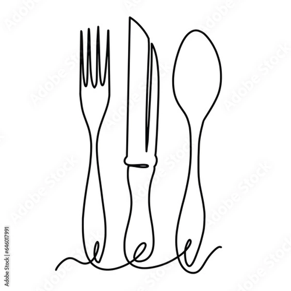 Fototapeta Vector continuous one line Fork, Knife, Spoon illustration