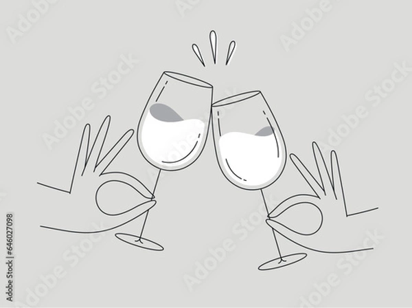 Fototapeta Hand holding wine clinking glasses drawing in flat line style on grey background