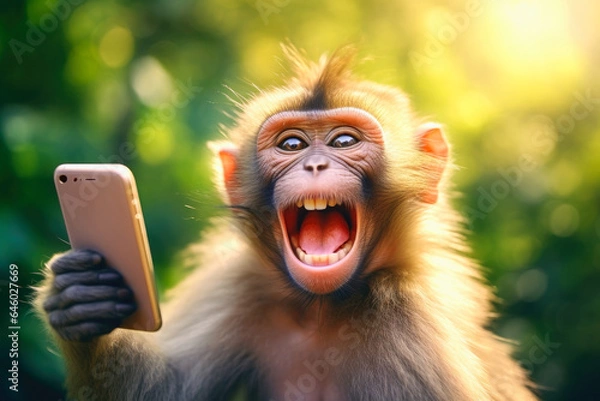 Fototapeta Funny monkey taking a selfie with smartphone, green sunny background. Generative AI