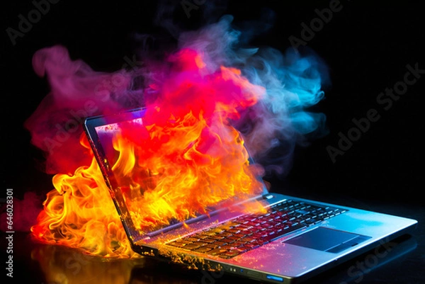 Fototapeta Ai generated image of laptop damage by fire with vibrant color