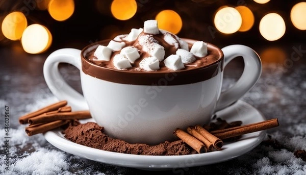 Obraz Hot Chocolate Cacao Cocoa White Brown Cup with Whipped Cream on White Plate with Chocolate Powder, Cinnamon Sticks and Snow Winter Table. Background Christmas Golden Bokeh Lights Backdrop Menu Banner 