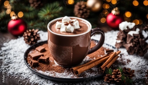 Obraz Hot Chocolate Cacao Cocoa Brown Cup with Whipped Cream on Black Plate with Chocolate Pieces, Cinnamon Sticks, Snow and Christmas Winter Decorations Festive Background Bokeh Light Backdrop Menu Banner 