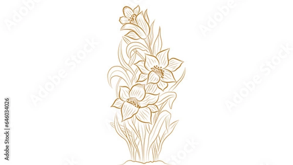 Obraz Botanical golden Flower design, Golden Linear floral Flower. Vector Gold luxury line Flower. Hand drawn flower Tree vector illustration in linear style, graphic clipart for wedding invitation.