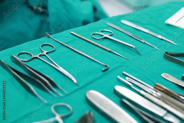 Obraz Soft focus Surgical tools and equipment on green cloth. Sterilized