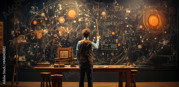 Fototapeta a physicist teacher art using physics on a table with mountains, blackboard, planets, clouds,