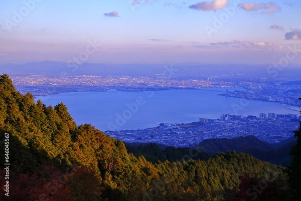 Obraz 比叡山から見る琵琶湖の紅葉と夕景