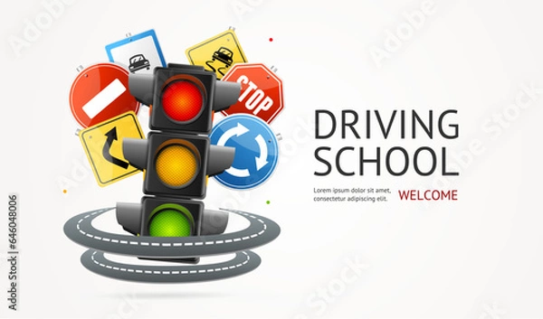 Fototapeta Realistic Detailed 3d Driving School Ads Banner Concept Poster Card with Traffic Light Illuminated and Road Signs Around. Vector illustration