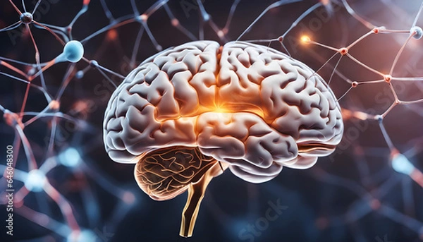 Fototapeta Cross section of the human brain, showcasing different regions and their functions, surrounded by neural connections ai generated
