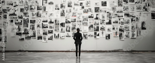 Fototapeta A woman standing in front of a collection of images on a wall. Art gallery. Art exhibition. Bold.