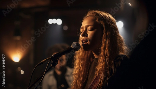 Obraz Young adults perform rock music at popular nightclub with stage lighting generated by AI