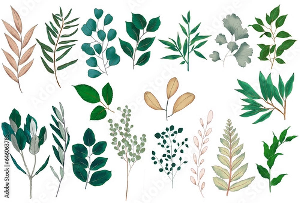 Obraz set green leaves and branches 