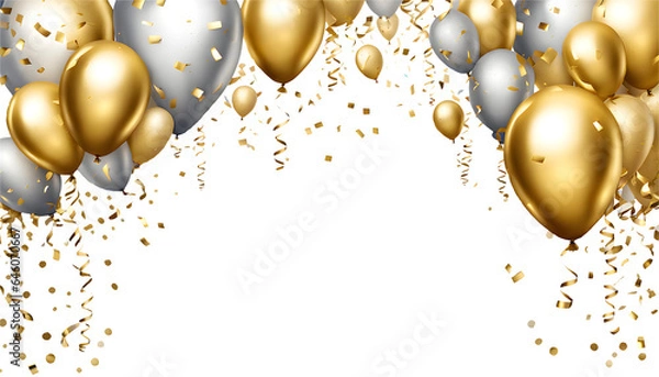 Obraz 金色と銀色の風船と紙吹雪(背景透過)アルファチャンネル付png　誕生日、お祝いなど