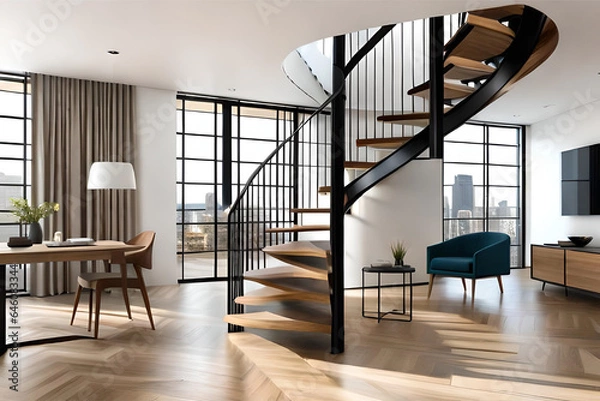 Fototapeta a modern spiral staircase with polished stainless steel steps and a glass balustrade with a spiral handrail made of twisting vines and steps | Generative AI