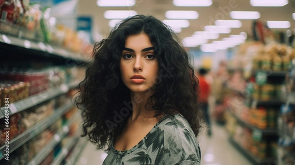 Fototapeta Everyday life of an adult woman shopping in a discount supermarket, grocery store for grocery shopping, without a plan and no idea what to cook