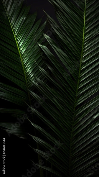 Fototapeta Palm leaves on a black background in a modern style. Great for wall art and home decor. Generative AI banner, background, wallpaper, packaging