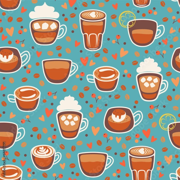 Fototapeta Seamless pattern with different coffee cups. Latte, espresso, cappuccino, affogato, romano. Vector illustration.