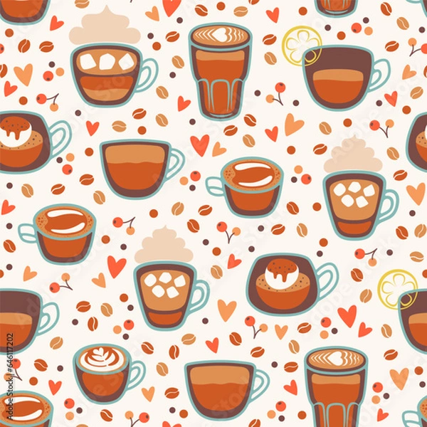 Obraz Seamless pattern with different coffee cups. Latte, espresso, cappuccino, affogato, romano. Vector illustration.