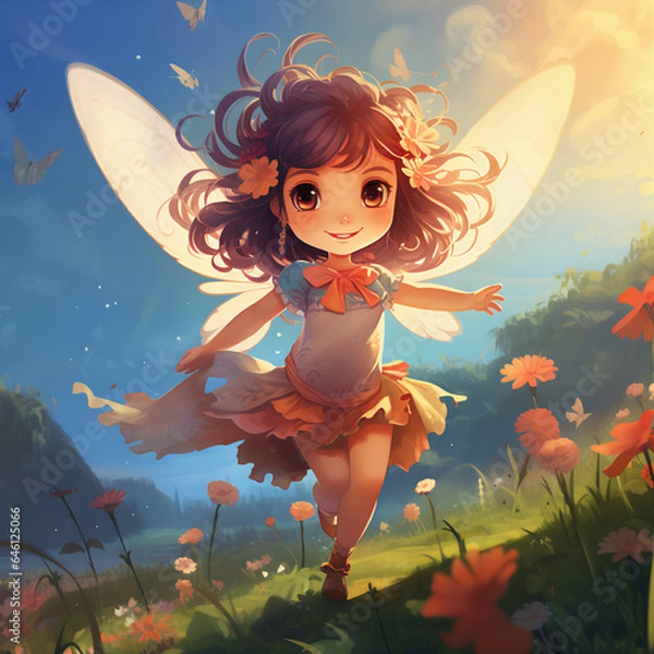 Obraz Endearing Chibi Fairy Soaring in Enchanted Meadow - Fantasy Illustration