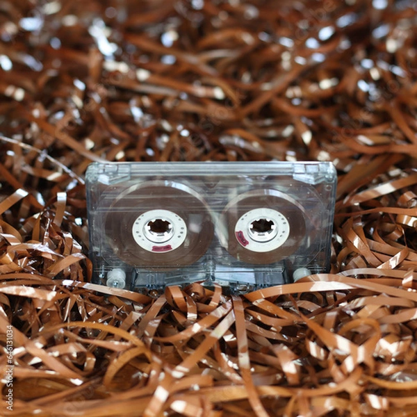 Fototapeta Audio cassette, on the background of the tape. Retro style, classic. Outdated equipment, a lot of film from cassettes. Cassette for radio, old music of 1970-1990 years. Vintage record, nostalgia