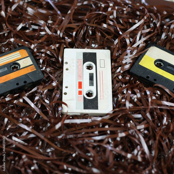 Fototapeta Audio cassette, on the background of the tape. Retro style, classic. Outdated equipment, a lot of film from cassettes. Cassette for radio, old music of 1970-1990 years. Vintage record, nostalgia