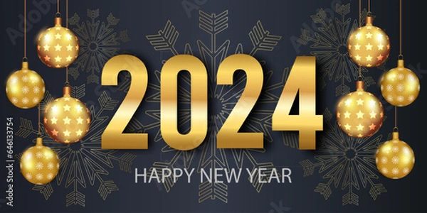 Obraz Happy New Year 2024. Golden metal number. Realistic 3d render sign. festive realistic decoration, Christmas balls, and snowflakes. Celebrate party 2024, Web Poster, banner, cover card, brochure, flyer