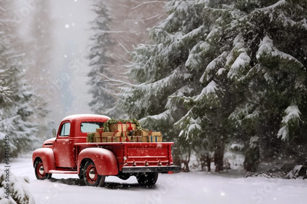 Fototapeta Red Truck in the snow with room for copy space created with Generative AI technology