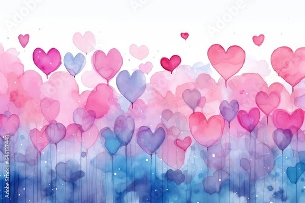 Obraz Multicolored watercolor hearts on a background of pink clouds, valentine, wedding invitation, banner