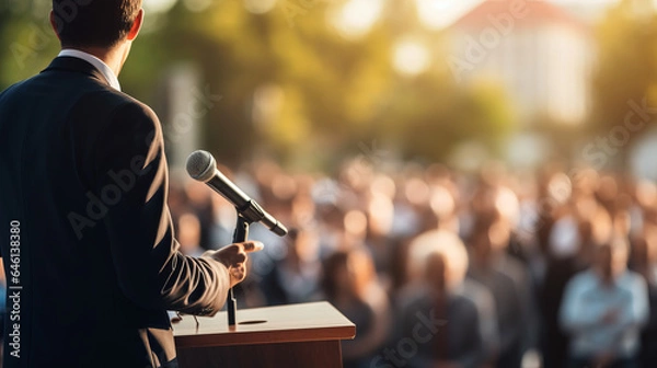 Fototapeta Man politician doing a speech outdoor in front of a crowd of members of a political party
