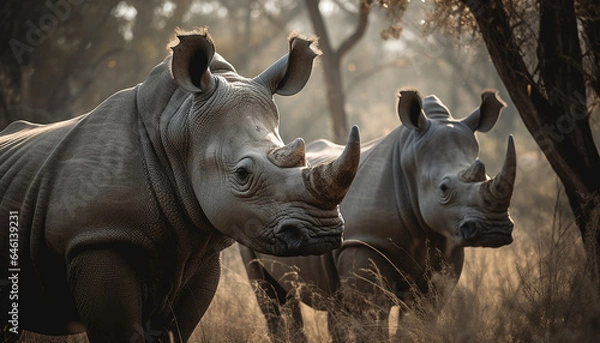 Fototapeta Endangered rhinoceros grazing in African wilderness, a majestic sight generated by AI