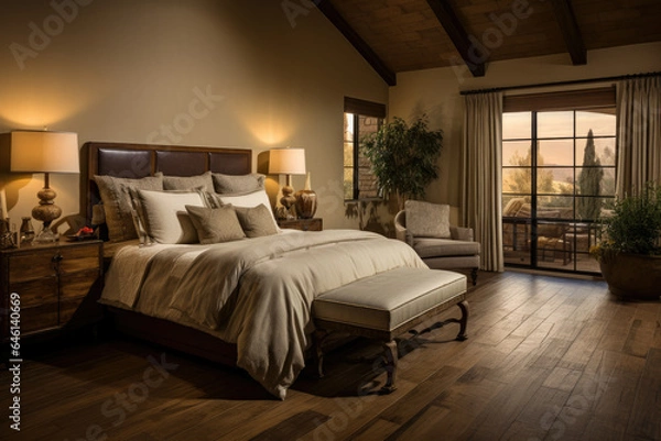 Fototapeta Elegant Tuscan-inspired bedroom with warm earthy tones, rustic wooden furniture, and soft ambient lighting creating a cozy retreat