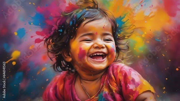 Fototapeta Closeup portrait of a laughing child with holi paints flying in, colorful digital art
