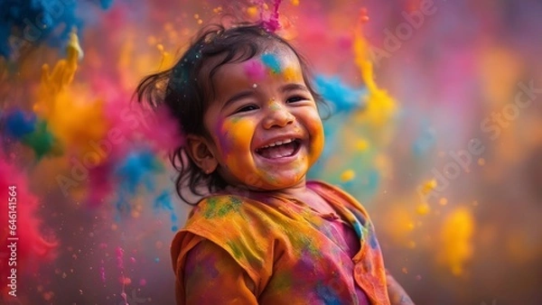 Fototapeta Large portrait of a laughing child with holi paints flying in on a colorful multicolored background, digital art