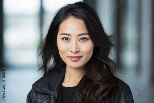 Fototapeta Woman wearing black jacket strikes pose for photograph. This image can be used for various purposes, such as fashion magazines, photography blogs, or social media profiles.