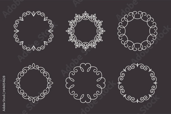 Fototapeta Vector Decorative Round Linear Frames Set. Vintage Frame Design Elements, Filigree, Decorative Borders, Page Decorations, Dividers Isolated